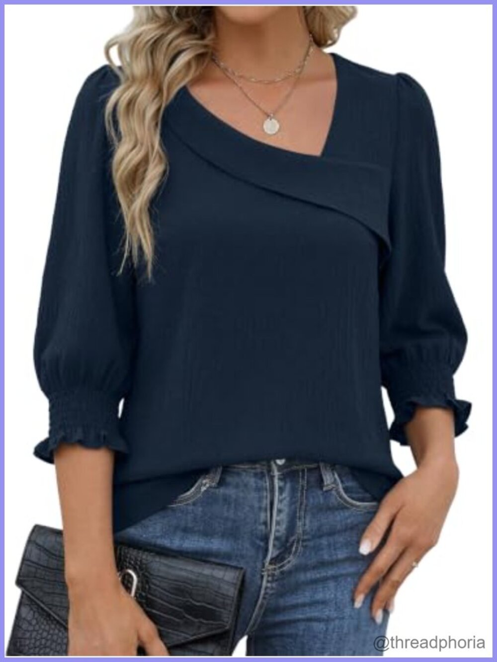 3/4 Sleeve Asymmetric Square Neck Dressy Casual Blouse with Smocked Cuffs